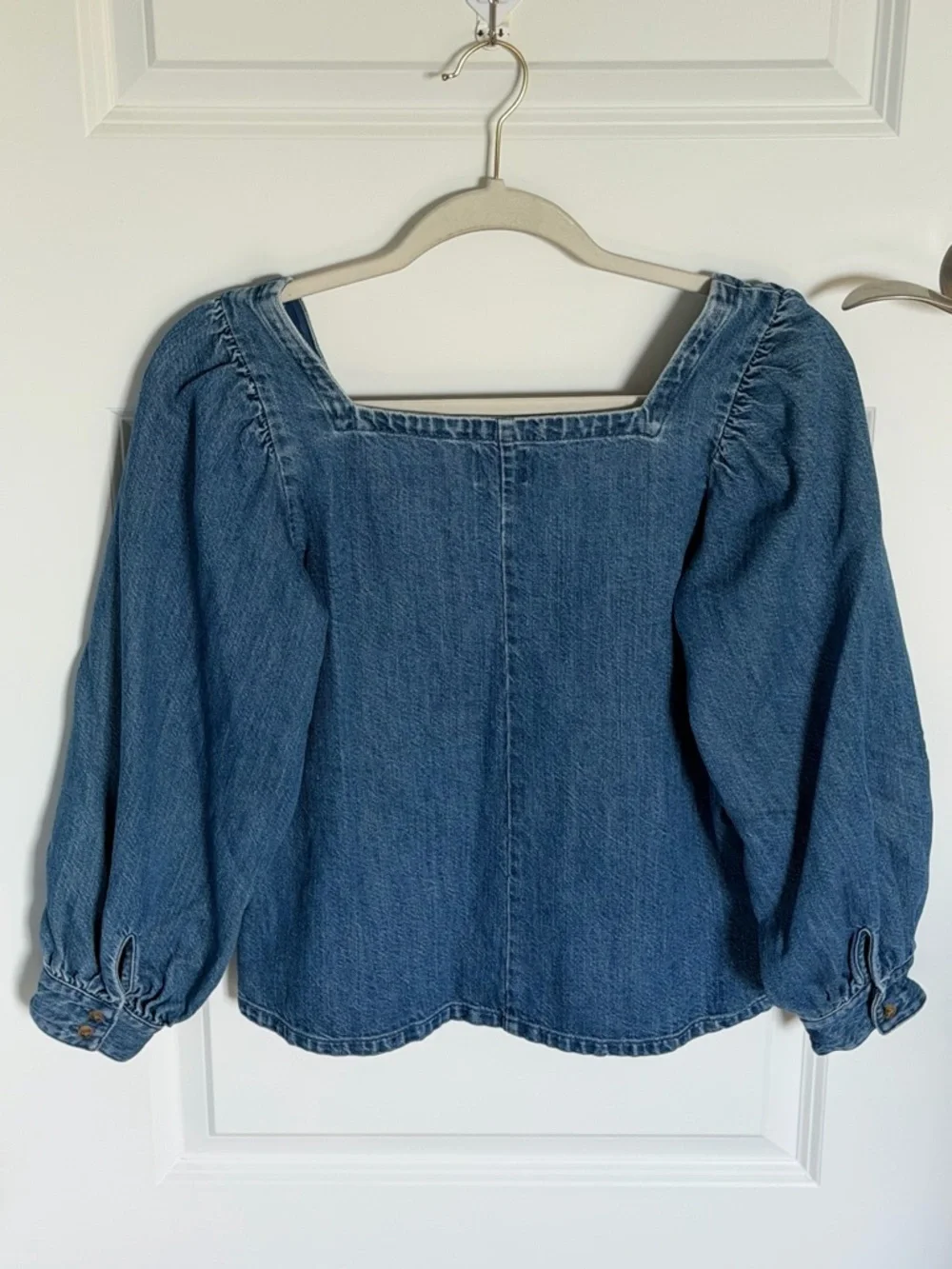 J. Crew Denim Square-Neck Puff Sleeve Blouse Blue linen cotton 54648
